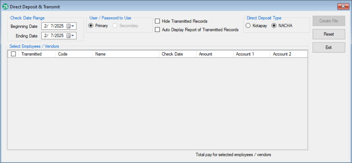 NACHA direct deposit screen